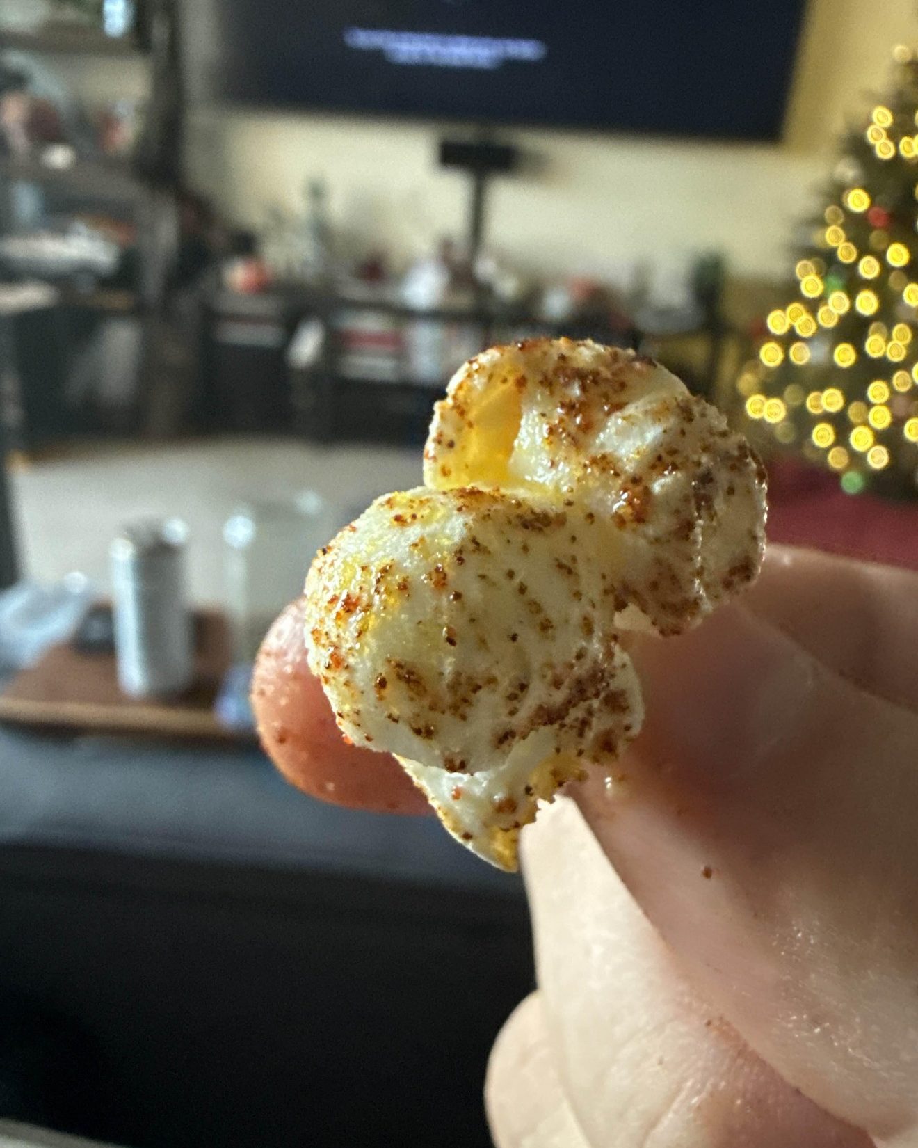 Seasoned popcorn kernels held between two fingers at home, with Christmas tree lights glowing in the background