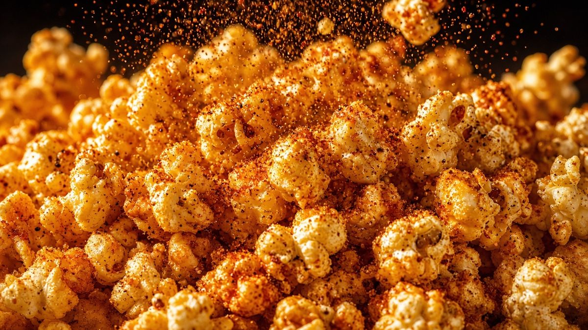 Seasoned popcorn with seasoning falling onto it