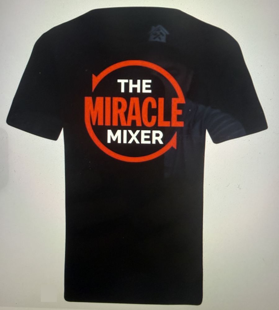 The Miracle Mixer logo tee: black t-shirt with the red circular-arrow logo
