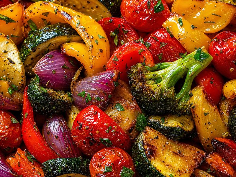 Close-up of colorful roasted vegetables with herbs