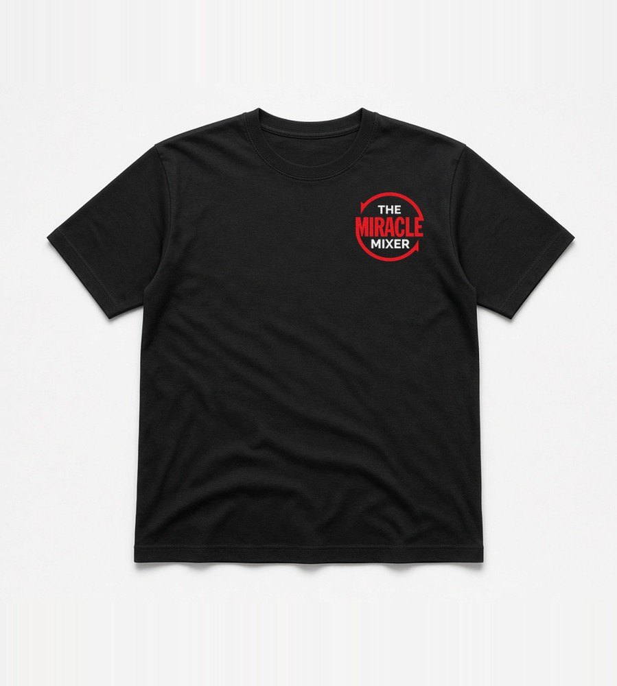 The Miracle Mixer logo tee: black t-shirt with a small red circular-arrow logo on the chest